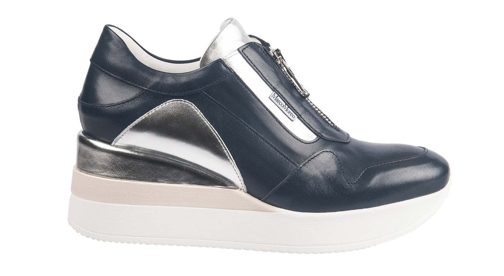 Marco Moreo wedge shoe in navy leather with silver detail and centre zip