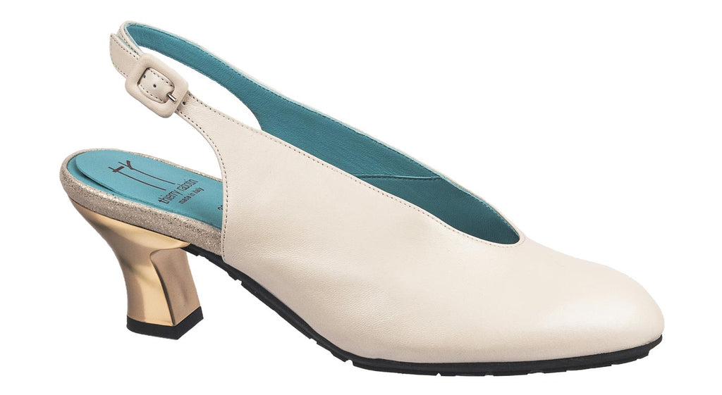 Thierry Rabotin women's sling back heeled shoes in cream leather with gold heel